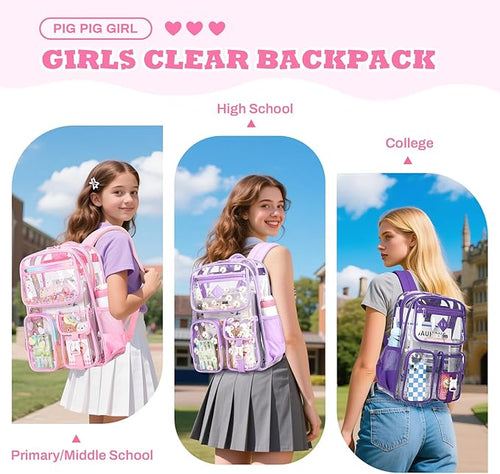 Clear Backpack for School,Heavy Duty PVC Transparent Bookbag for Girls Stadium Approved See Through Backpack