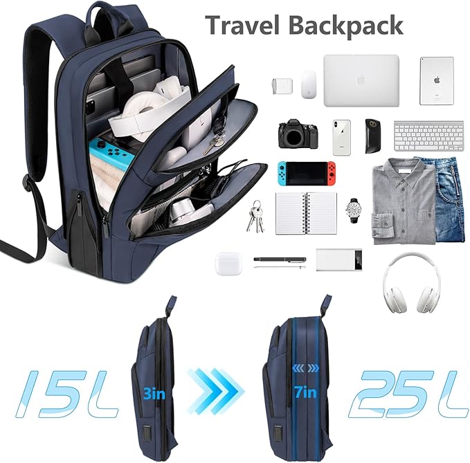 Backpack for Men Slim & Expandable Travel Laptop Backpack with USB Charging Port Water Resistant Anti-Theft Business Backpack Fits 15.6In Laptop for Commute Work College with Small Bag(Navy Blue)