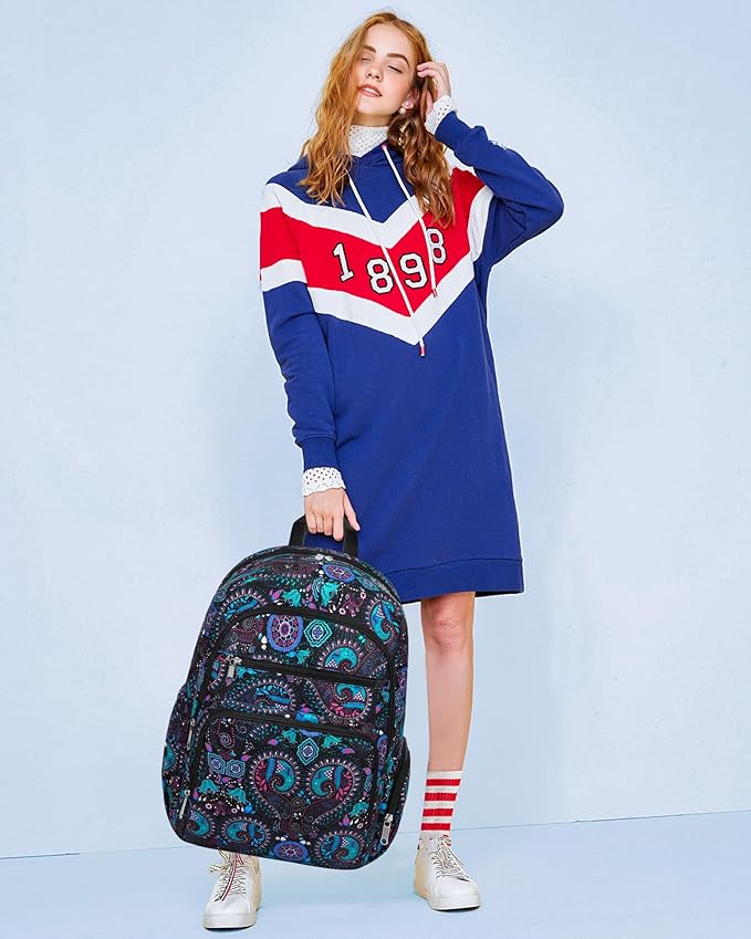 Large Backpack for Women Backpack with Lots of Pockets for Travel Work School Bookbag with Laptop Compartment for High School College Girls Mochilas Morrales para Mujer (Black/Teal, Paisley)