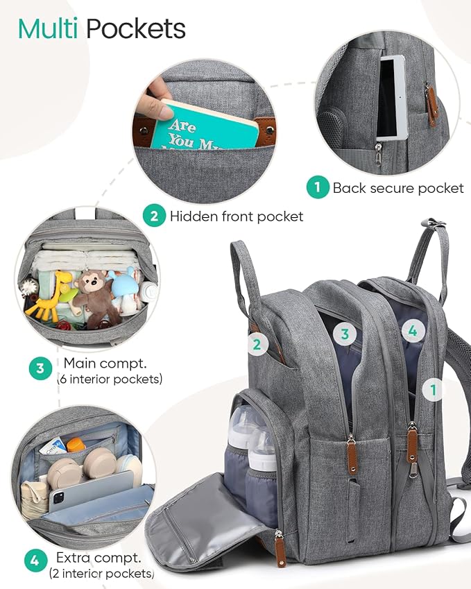 Extra Large Diaper Bag Backpack for Two Kids Twins - Expandable Baby Bag (26-36L), Dual Big Compartments - Includes Changing Pad & Stroller Straps, Unisex Grey