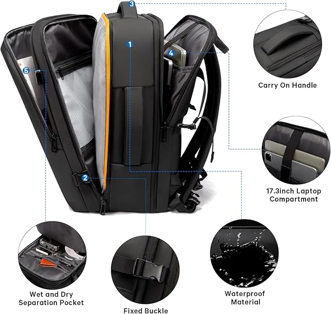 BANGE 35L Men's Expandable Laptop Backpack for 17.3Inch Laptop, Carry On Backpack Fits Under Seat Airline Approved, Personal Item Travel Bag for Men…