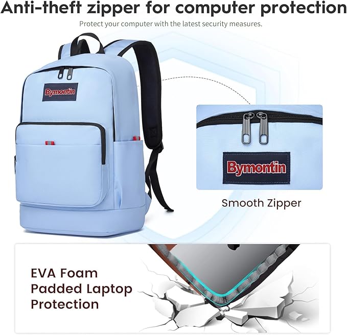 Classic Casual Backpack, Lightweight Daypack with 10 Pockets, Laptop Compartment, EVA Foam Pad (Light blue)