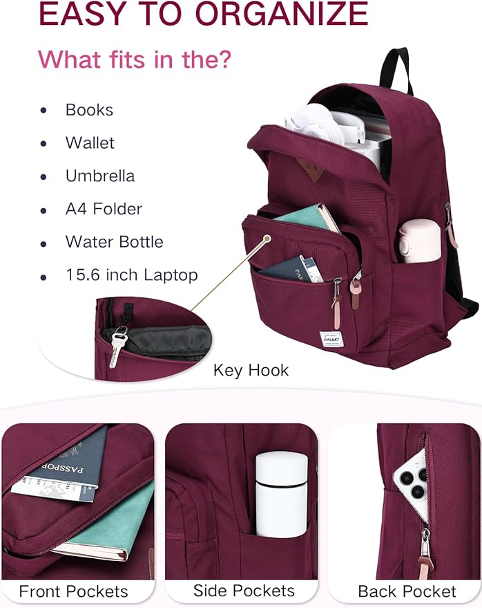 RAVUO School Backpack for Women | Classic College Bookbag for 15.6 inch Laptop, Water Resistant Daypack for Highschool Travel, Burgundy
