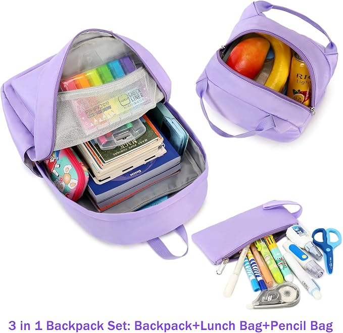 Kids Backpack for Girls School Backpacks College Bookbag Water Resistant Laptop Backpack with Lunch Bag and Pencil Bag, Purple