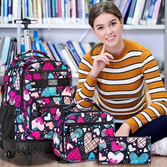 Rolling Backpack for Womens and Mens, Adults Wheeled Bookbag with Lunch Box for Girls and Boys.