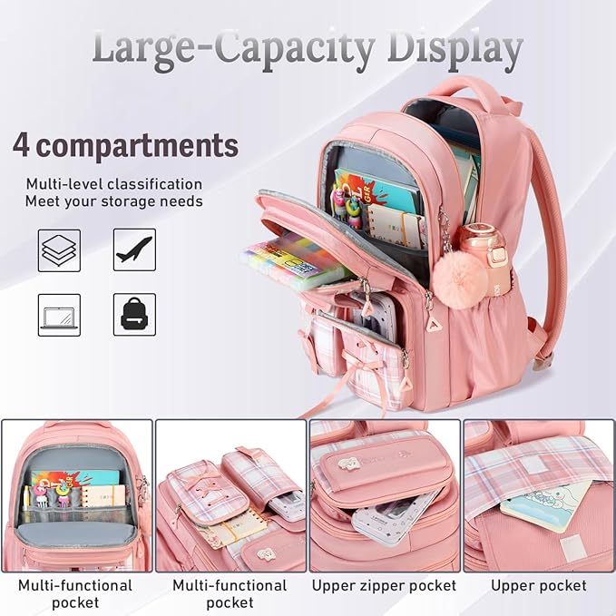 Cusangel Girls Backpack for School, 8Ages+ Student Laptop Backpack,18 inch Cute Daily BookBag, Large Capacity Waterproof Daypack