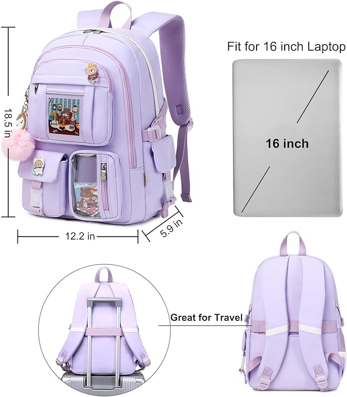 LXYGD Backpack for Girls with Accessories Laptop Bookbags 16 Inch Kawaii Kids Elementary Middle High School Bag College Travel Daypack Gifts for Teens Women Students (Purple)