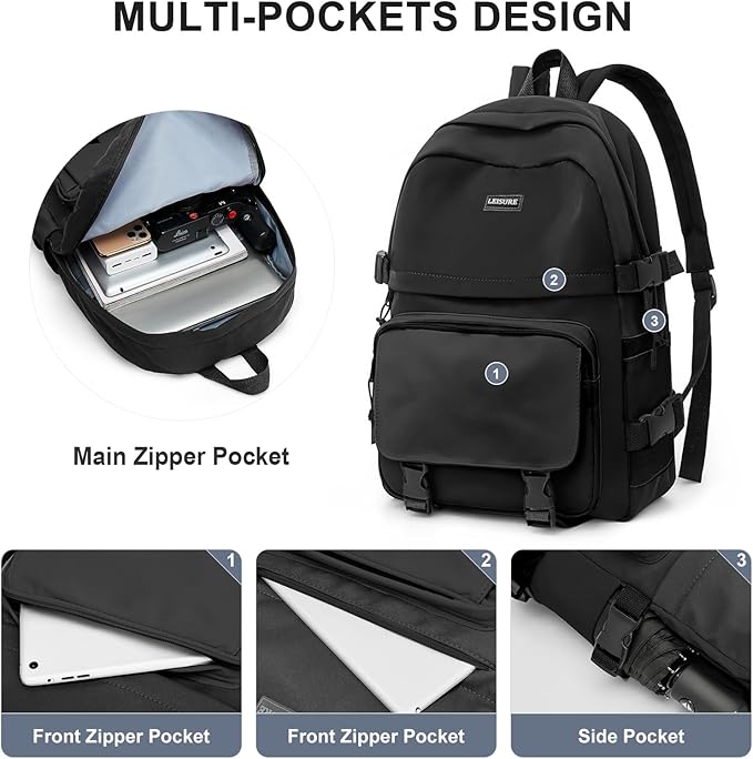 weradar All Black Backpacks For School Teens Boys Girls,Cute Bookbag,Lightweight College Backpack For Women Men,Waterproof Middle School Bag Casual Travel Daypack