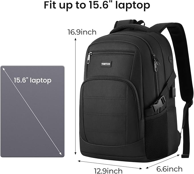 YAMTION Black Backpack for Men and Women, Laptop Backpack with USB Charging Port, School Backpack for Boys and Girls, Lightweight Bookbag, Work Backpack Fits 15.6 Inch Notebook