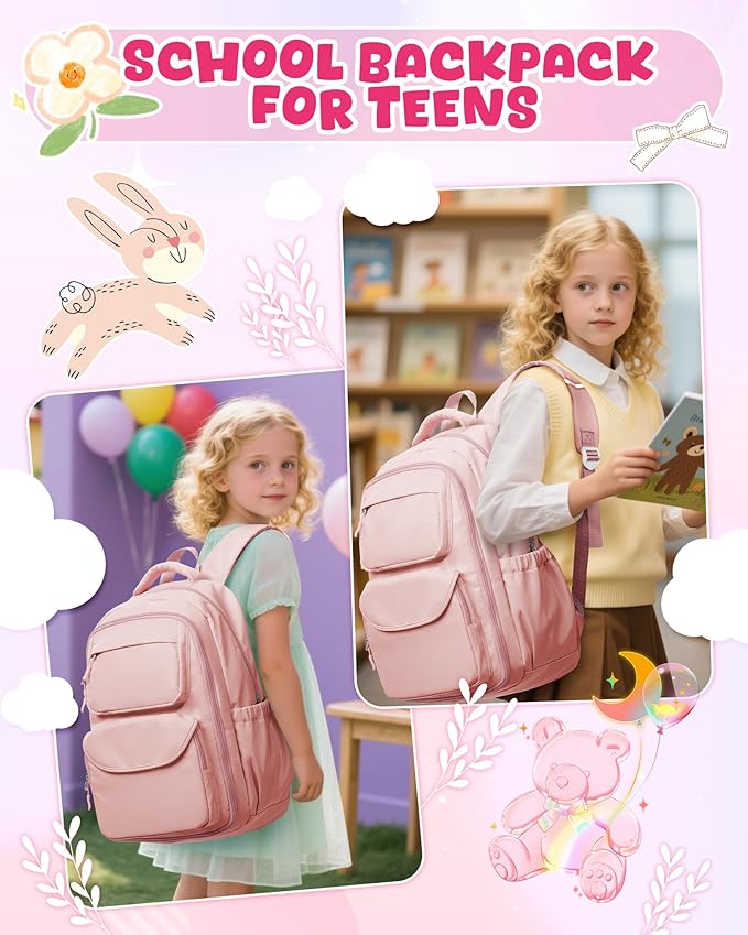 Backpack for Girls,Kids School Backpack Girls Cute Kindergarten Elementary Preschool Middle School Bags Kids Teens Aesthetic Bookbag Kawaii Backpacks Student Daypack Pink