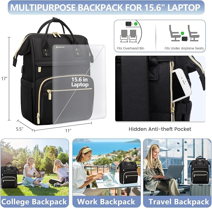 Backpack for Women 15.6 Inch Laptop Backpack Work Business Backpacks Purse Waterproof Computer College Backpacks Nurse Bag Backbag 2 Sets Casual Daypack for Travel Black