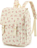 Corduroy Laptop Backpack for Women, Fits 15.6 Inch Computer Bag, College High School Bookbag Travel Daypack Purse, Work Business Bags - Beige Corduroy Floral Pink
