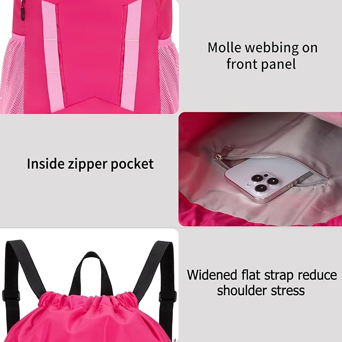 Drawstring Backpack for Kids Sports Gym Bag with Shoes Compartment, Water Resistant Beach Swim Bag String Backpack for Girls and Boys, Pink