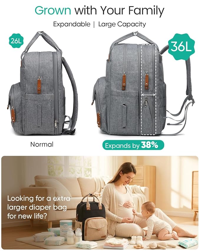 Extra Large Diaper Bag Backpack for Two Kids Twins - Expandable Baby Bag (26-36L), Dual Big Compartments - Includes Changing Pad & Stroller Straps, Unisex Grey
