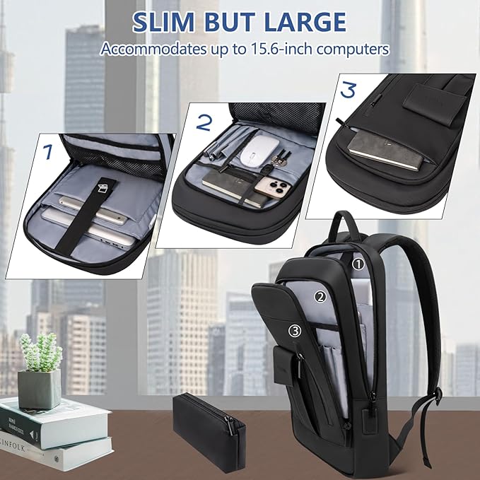 Business Backpack for Men Slim Lightweight Laptop Backpack Water Resistant Small Office Backpack for Commute Travel Daily Office Work with Small Bag (Black, 15.6")
