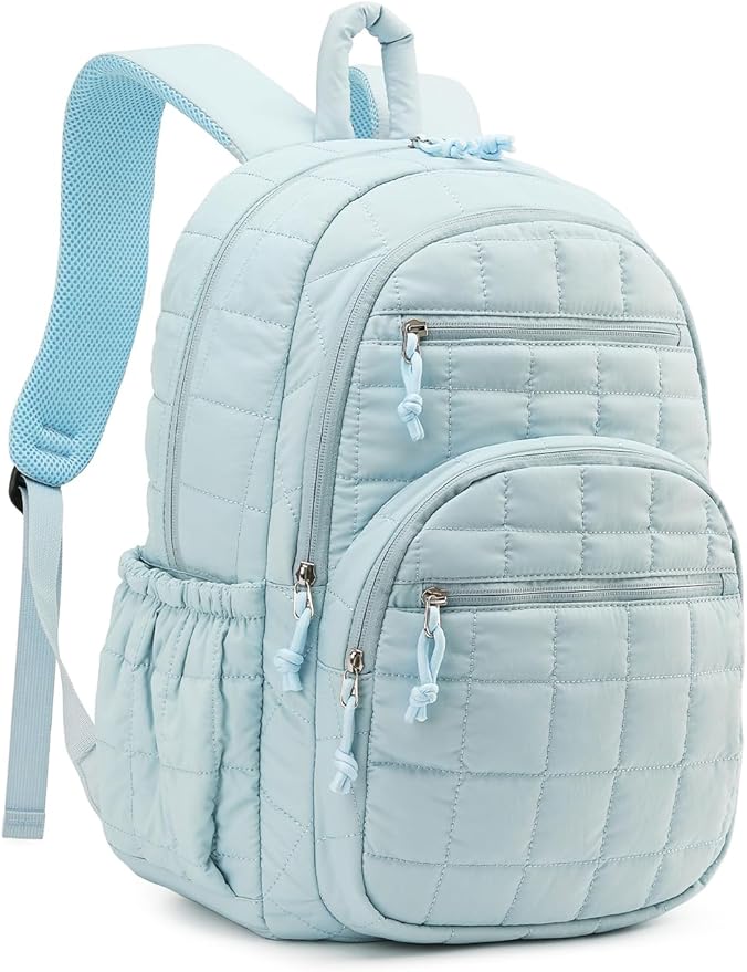 Bookbag for Women, Teen Girls Backpack for High School College Student, Puffer Quilted Back Pack Cute Laptop Backpack for Work Travel Mom Casual Daypack, Blue
