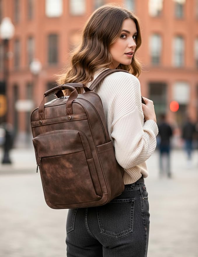 PU Leather Laptop Backpack for Women | 17 Inch Laptop Backpack for Work College School - Large Capacity Computer Bag Teacher Nurse Bag Casual Daypack (Coffee)