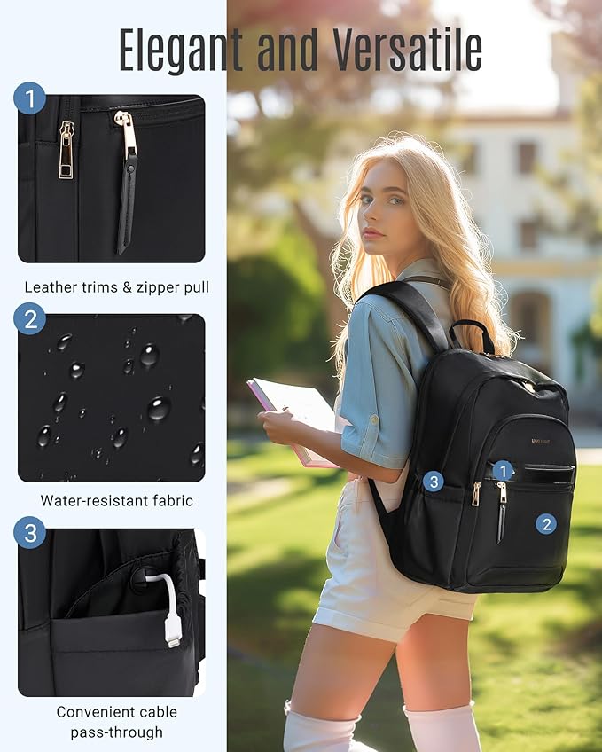 LIGHT FLIGHT Travel Backpack for Women, 15.6 Inch Stylish Laptop Backpack, Computer Bag for College Work Daily, Water-Resistant Casual Daypack with USB Port, Black