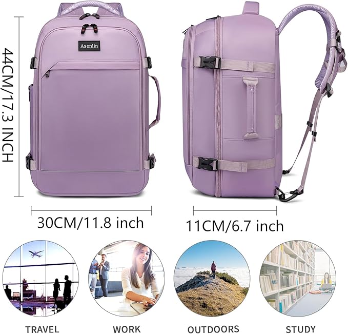 Asenlin 30L Travel Backpack for Women Men,Fit 15.6 Inch Laptop Backpack Flight Approved Luggage Carry On Water Resistant for Weekender Overnight Large Daypack Purple