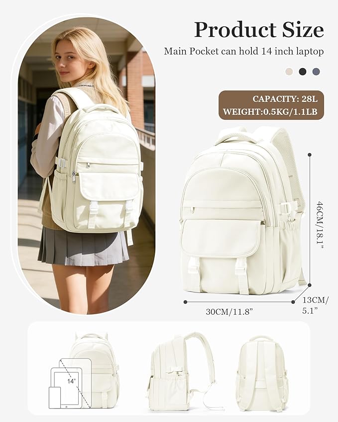 Waterproof Aesthetic Backpack For School, Cute High School Bookbag For Teen Girls Boys, Lightweight Casual Daypack Backpack For Women Men, College Backpack With Lots Of Pockets（Beige）
