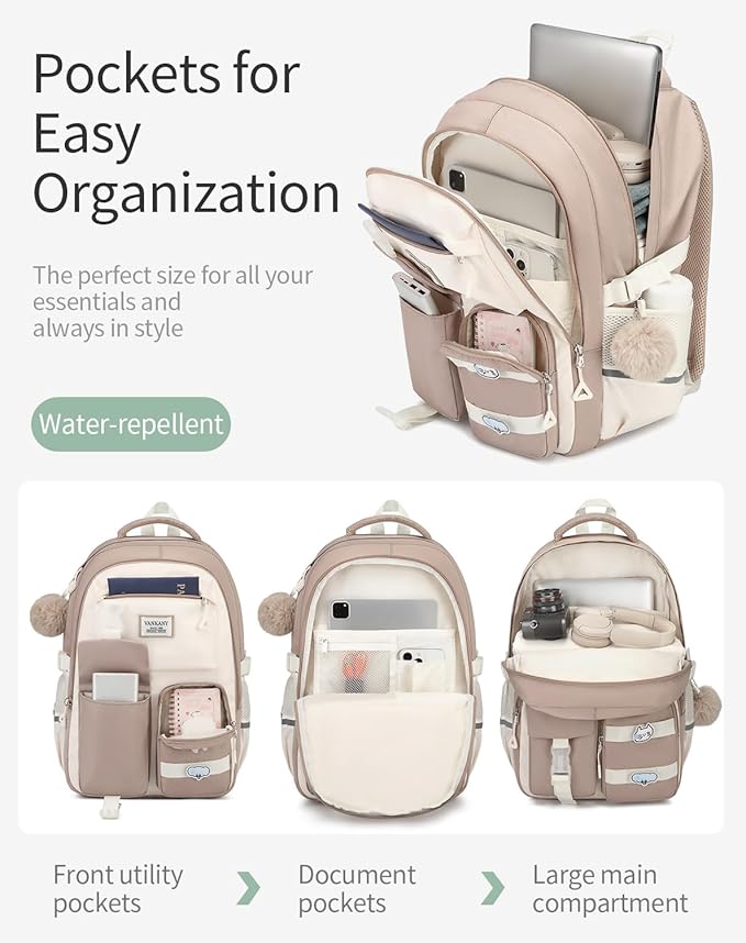 School Backpack for Girls, Cute Teens Backpack for Middle High School Student, Laptop Backpack College Women Bookbag for Teacher Travel, Khaki Beige
