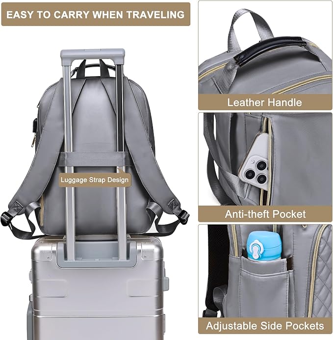 Backpack for Women, Large School Backpack, Girls Bookbag with USB Charging Port, 17.3 Inch Work Travel Laptop Back Pack Purse Casual Daypacks, Grey