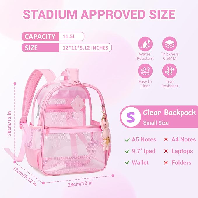 Clear Backpack for Stadium Events Approved 12×6×12, Thick TPU Mini Clear Bag with Front Pocket for Concert Sport Events Work Travel, Pure Pink