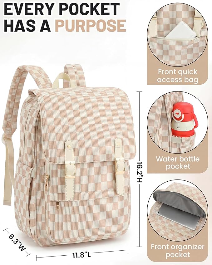 Corduroy Laptop Backpack for Women, Fits 15.6 Inch Computer Bag, College High School Bookbag Travel Daypack Purse, Work Business Bags - Corduroy Checkered Brown