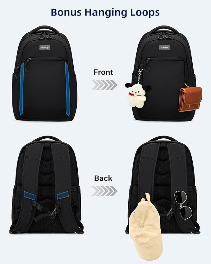 Travel Laptop Backpack for Women Men, 18 Inch Large Work Backpack for Commuter College School Book Bags, Water Resistant Backpack with Luggage Strap Water Bottle Pocket Chest Strap, Black