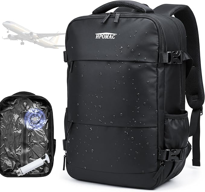 Vacuum Compression Backpack for Travel, Carry-On Backpack with Vacuum System & Pump, Packs Like 45L for 2-5 Day Trips, Fits 17" Laptop, Water-Resistant Personal Item Travel Backpack for Men / Women