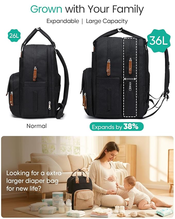 Extra Large Diaper Bag Backpack for Two Kids Twins - Expandable Baby Bag (26-36L), Dual Big Compartments - Includes Changing Pad & Stroller Straps, Unisex Black