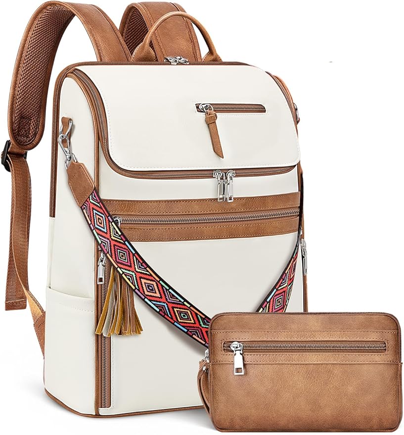 Leather Laptop Backpack for Women Designer Laptop Bag, 16.5 inch Travel Computer Backpacks Purse with Tassel for Work Business with Satchel Purse Beige Brown