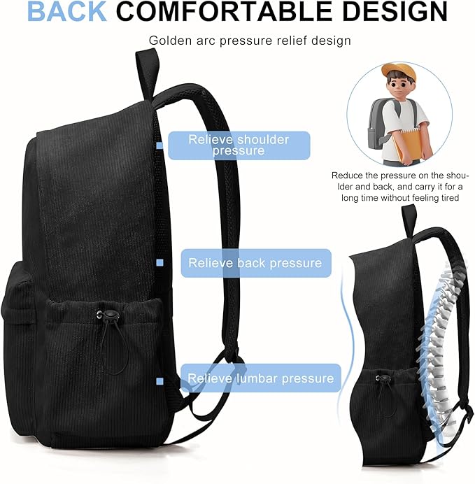 Black School Backpack for Teens Boys Girls Cute Corduroy Bookbag Classic Casual High School Bag Lightweight College Backpack For Women Men
