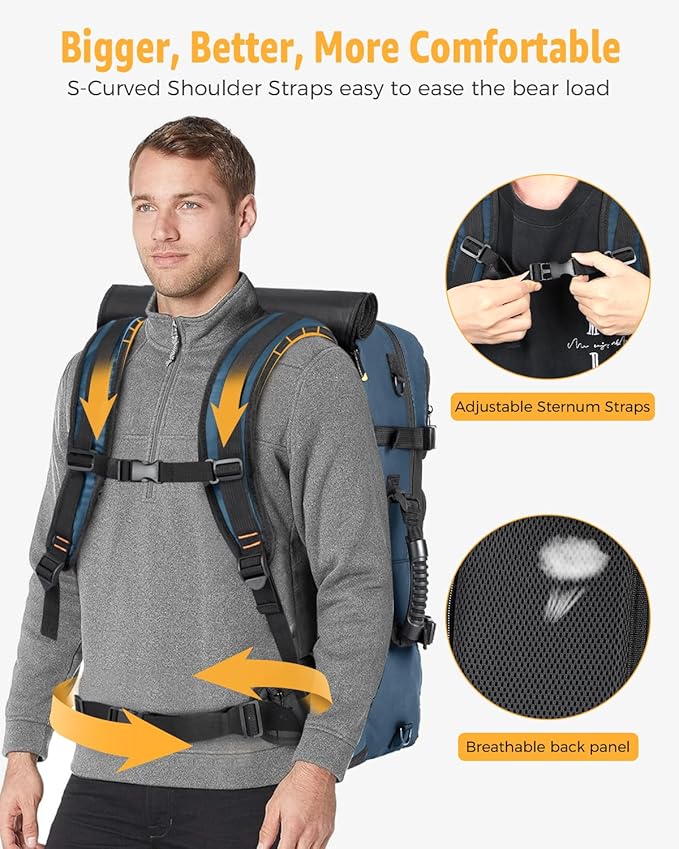 Travel Backpack for Men, 50L Carry On Flight Approved Convertible Duffle Bag with Shoe Compartment, 17 inch Laptop Luggage with USB Charging Port for Weekender Hiking, Blue