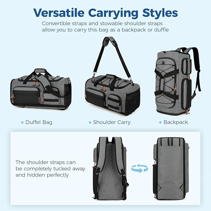 Searock 45L Gym Bag for Men, 3-In-1 Duffle Bag Backpack for Travel, Sports Duffel Bags for Gym Workout, Weekender Overnight Bag with Shoe Compartment, Wet Pocket, Dark Gray