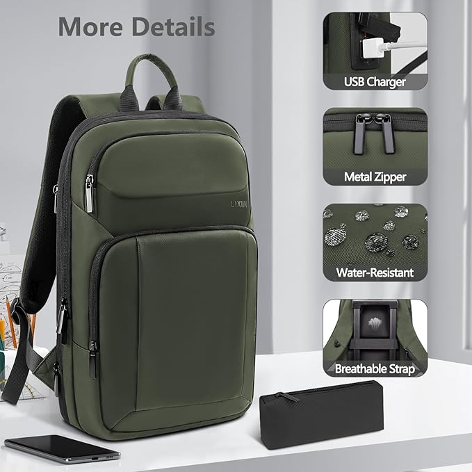 Backpack for Men Slim & Expandable Travel Laptop Backpack with USB Charging Port Water Resistant Anti-Theft Business Backpack Fits 15.6In Laptop for Commute Work College with Small Bag(Olive Green)
