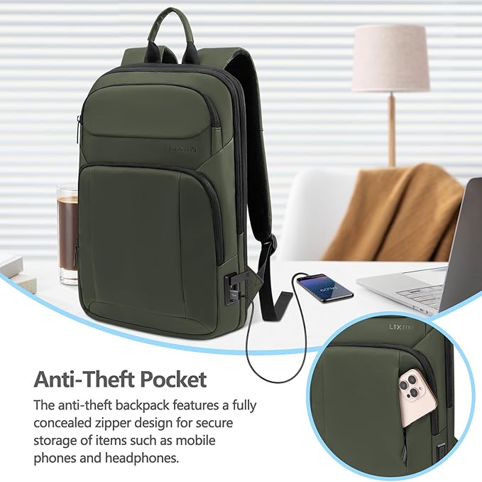 Backpack for Men Slim & Expandable Travel Laptop Backpack with USB Charging Port Water Resistant Anti-Theft Business Backpack Fits 15.6In Laptop for Commute Work College with Small Bag(Olive Green)