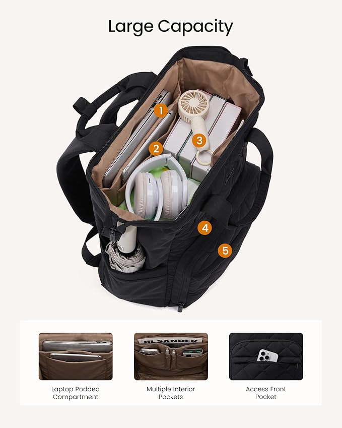 LOVEVOOK Laptop Backpack for Women, 17.3 inch Work Travel Backpack Purse, Puffer Quilted Laptop Backpack Casual Daypack for Nurse Teacher，Black