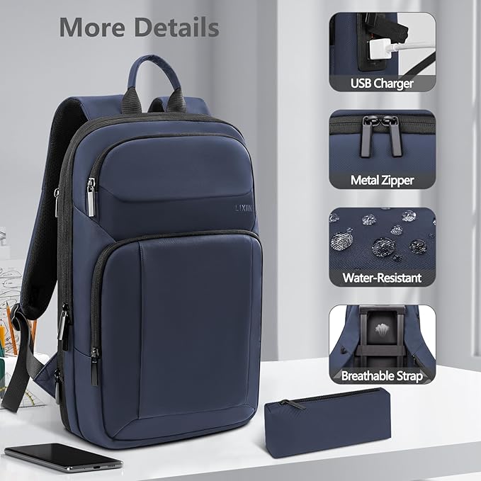 Backpack for Men Slim & Expandable Travel Laptop Backpack with USB Charging Port Water Resistant Anti-Theft Business Backpack Fits 17.3In Laptop for Commute Work College with Small Bag (Navy Blue)