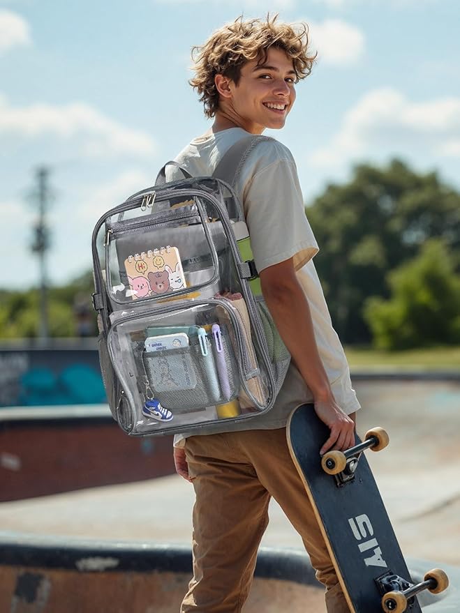 Large Clear Backpack Heavy Duty, 17 inch Clear Bookbag for Boys Girls Women Men, See Through Transparent Backpack With All-Around Reflective Strips for College Work Travel,Grey