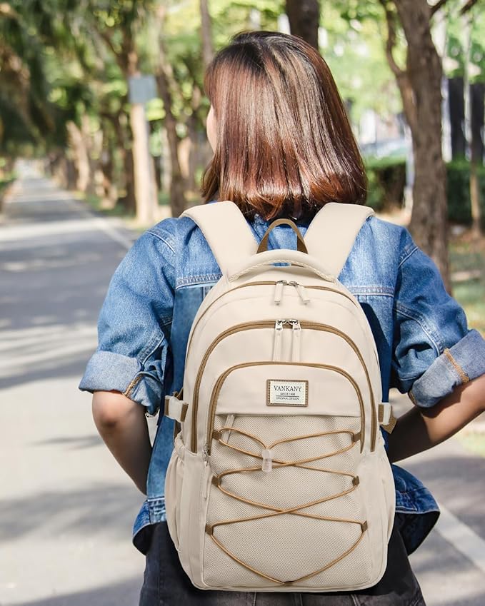 Teen Girls Backpack School Bag, 17.3in Laptop Backpack for Women Work Commuter, Aesthetic College Bookbag for Students, Beige