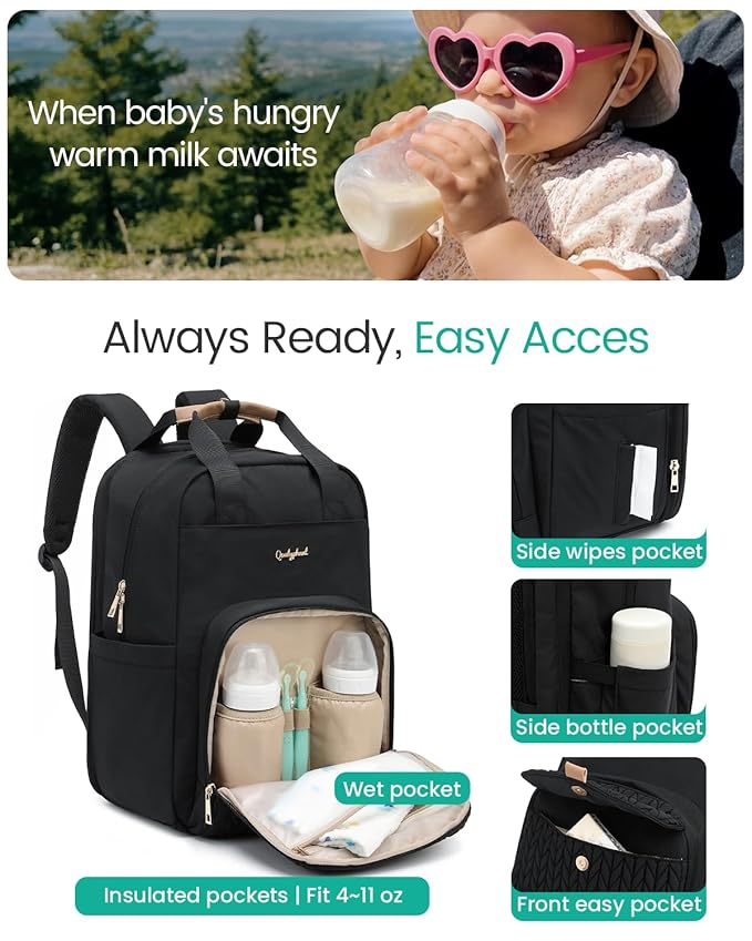 Extra Large Diaper Bag Backpack for Two Kids Twins - Expandable (26-36L) Baby Bag for Mom Girls Boys, Dual Big Compartments - Includes Changing Pad & Stroller Straps, Black, Quilted