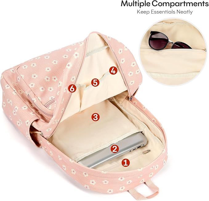 mibasies School Backpack for Girls with Laptop Sleeve: 18IN Large Capacity Corduroy Bookbag for Primary Middle School/College, Travel Daypack for Teens Women - Pink Flower
