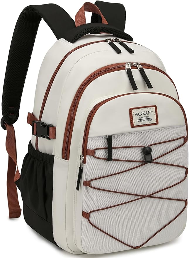 Teen Backpack for Girls, Women Bookbag for College Students Middle High School, Aesthetic Schoolbag Back Pack, White Black Brown