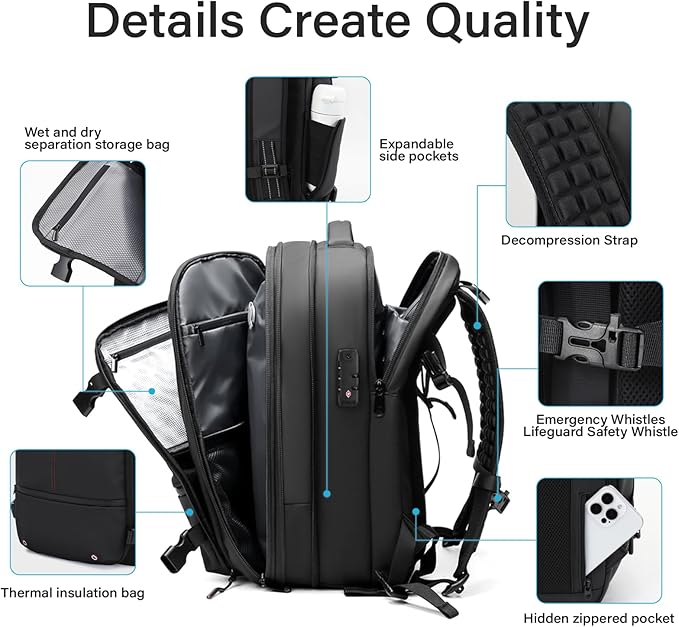 Travel Backpack with Vacuum System,60L Expandable Vacuum Backpack Travel with TSA Lock,17.3 inch Laptop Backpacks Vacpack Backpacks with Vacuum(Black,External Air Pump)