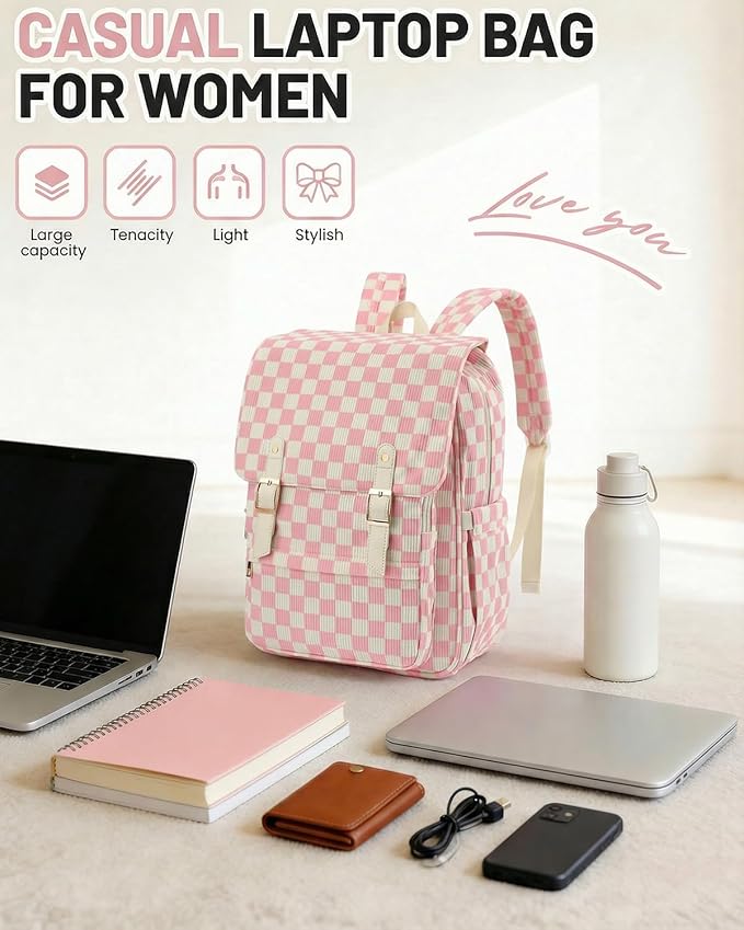 Corduroy Laptop Backpack for Women, Fits 15.6 Inch Computer Bag, College High School Bookbag Travel Daypack Purse, Work Business Bags - Corduroy Checkered Pink