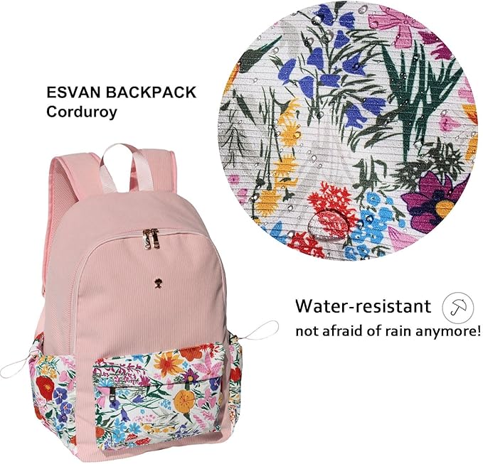 ESVAN Corduroy Backpack Lightweight Fashion 17 inch Laptop Bag for Women Casual College (Corduroy Pink flower)