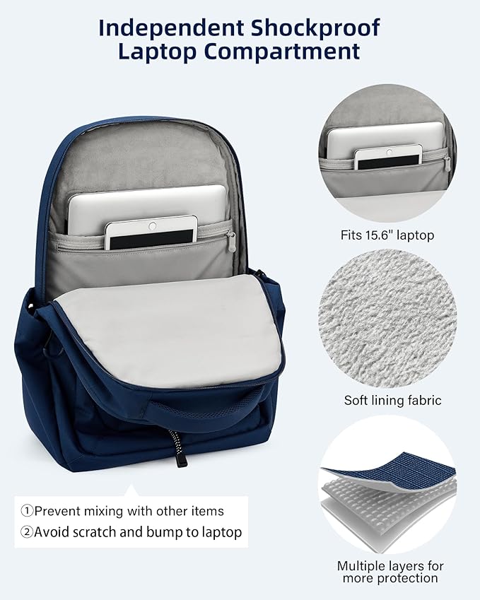 Travel Laptop Backpacks for Women Men, Large Work Backpack for Commuter College School Book Bags, Reflective Water Resistant Backpack with Luggage Strap Bottle Pocket Chest Strap, Navy Blue