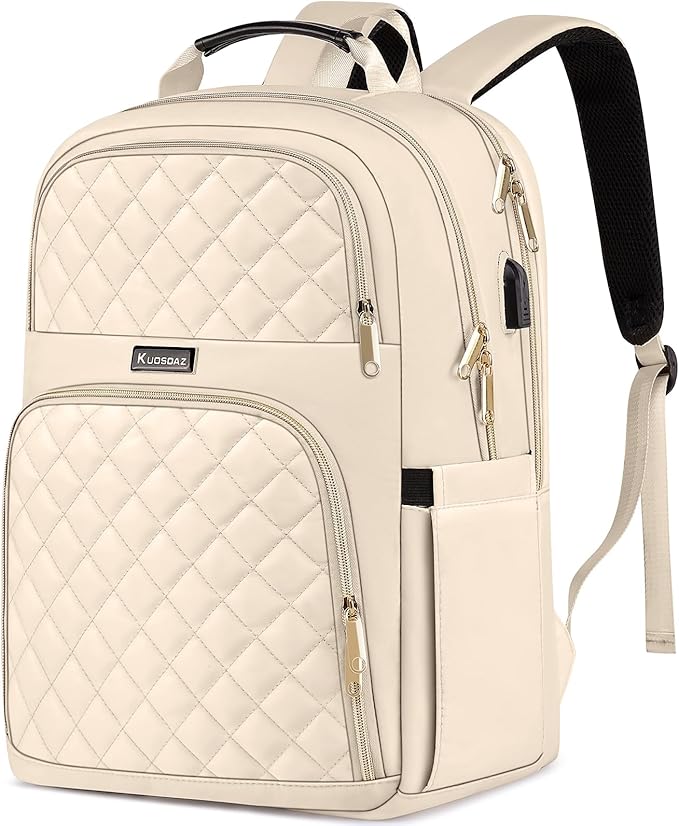Backpacks for Women, School Backpack for Teen Girls, 15.6 Inch Cute Quilted Laptop Backpack with USB Charging, Large Bookbag for Middle School College Students,Beige