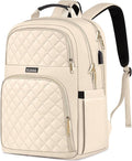 Backpacks for Women, School Backpack for Teen Girls, 15.6 Inch Cute Quilted Laptop Backpack with USB Charging, Large Bookbag for Middle School College Students,Beige